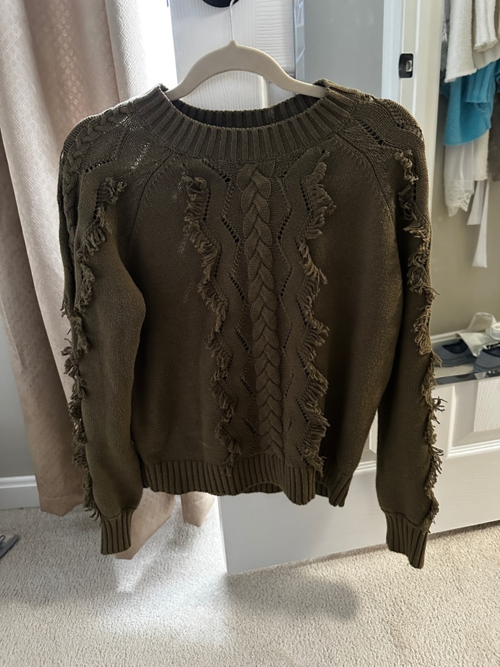 Rails Olive Green Fringe Cable Crew Sweater